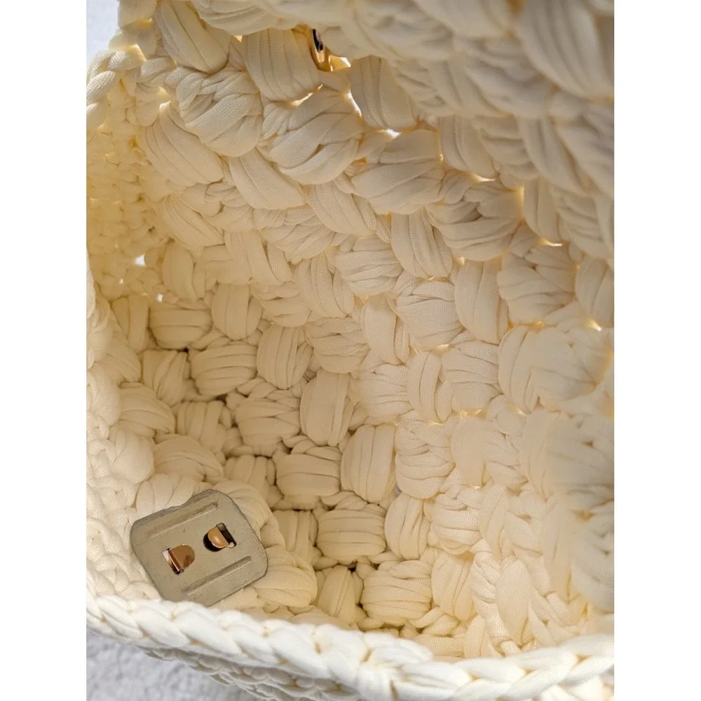 Ivory Chunky Knit Crossbody Bag Gold Chain Strap Mini Top Handle Boho